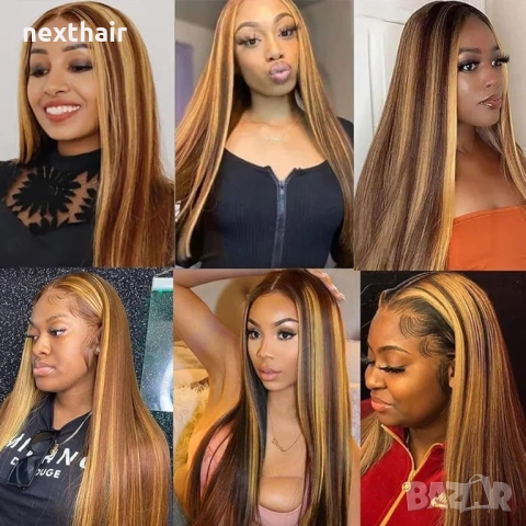 Естествена перука от бразилска коса 70-75 см - Lace Front 13x6, кафява с руси кичури, 200% плътност, снимка 6 - Аксесоари за коса - 54408154