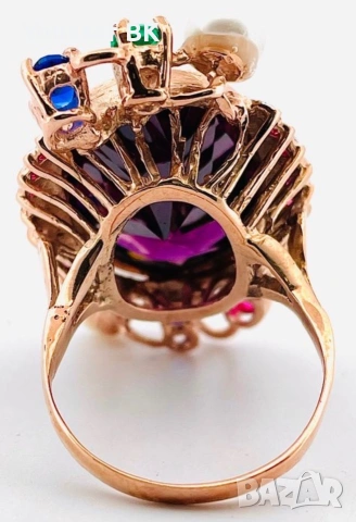 Масивен 1930-1940 Арт Деко Пръстен (12.18г) – 18ct Аметист, Розово Злато и Сребро, снимка 3 - Пръстени - 55194621