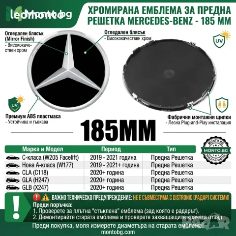 Емблема за Предна Решетка Mercedes 185мм A-Class CLA GLA GLB C-Class | Monto.bg