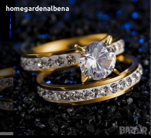 Дамски пръстен комплект циркон медицинска стомана 18К златно покритие годежен стил