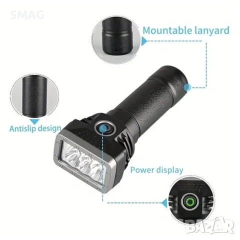 Акумулаторен фенер с USB зареждане, черен, 4 режима_1236591