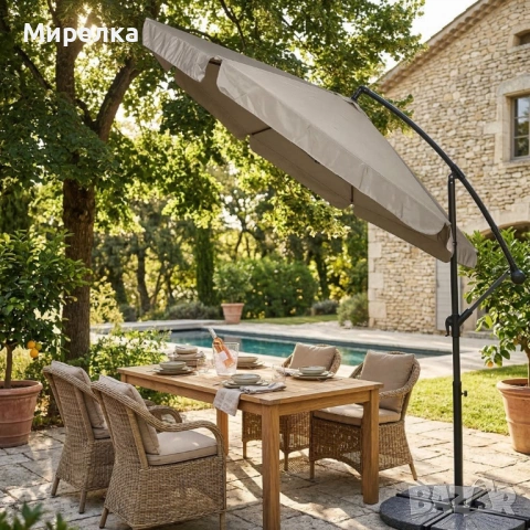 Голям градински чадър със странична стойка, Ø 350 см, UV защита, Водоустойчив + Покривало, снимка 3 - Градински мебели, декорация  - 54124179