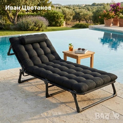 Сгъваемо къмпинг легло и градински шезлонг 2в1, с мек матрак и възглавница, Регулируем, Черен