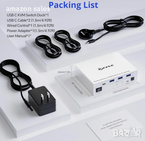 KCEVE 15-в-1 KVM превключвател USB C докинг станция,USB 3.0 KVM превключвател 2 монитора 2 лаптопа , снимка 9 - Суичове - 54484656