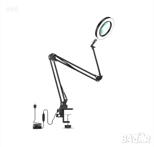 Настолна лупа с LED осветление, 5x увеличение, 10 нива на яркост, черна, комплект фиксирани щипки