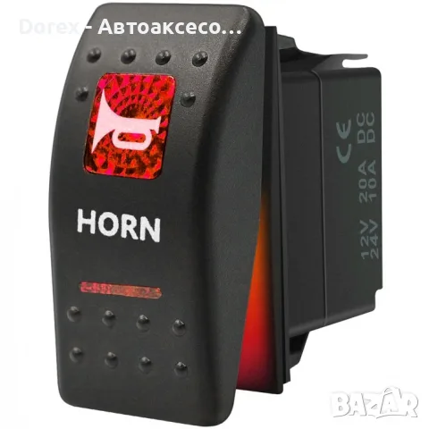 Копче бутон за вграждане за тромба клаксон HORN 12V/24V с червена LED подсветка, 5 пина, ON/OFF