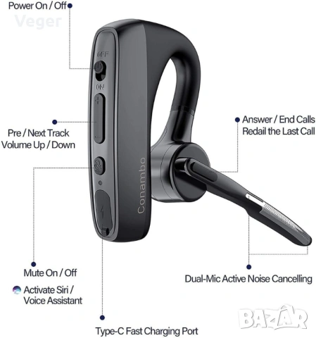 Conambo k18 безжична Bluetooth 5.1 слушалка с cVc Noise-Cancelling микрофон, снимка 2 - Bluetooth слушалки - 54597746