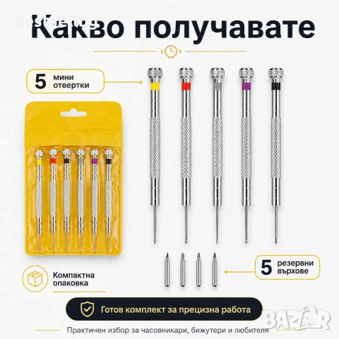 Професионални фини часовникарски отвертки с резервни върхове за ремонт смяна батерия часовникари, снимка 6 - Отвертки - 53090723