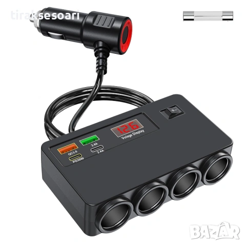 Разклонител за запалка 12V/24V 120W с 4 гнезда USB Type-C и волтметър