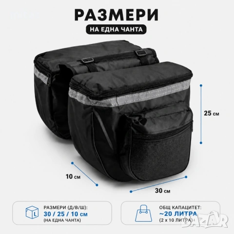 Дисаги за велосипед, Монтаж на багажник, Светлоотразяващи ленти, Черни, снимка 4 - Аксесоари за велосипеди - 45953835