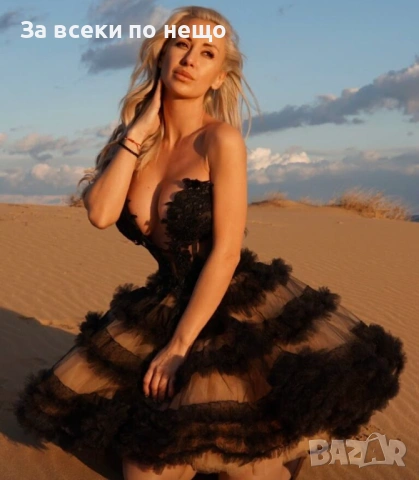 Дамска Ефирна Къса Черна Тюлена Рокля С Дантела И Обемна Пола Код Roni36