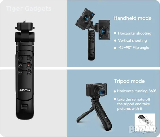 AODELAN безжичен Bluetooth грип и мини статив за Sony ZV-E10, A7, A6600, RX100 VII, снимка 3 - Чанти, стативи, аксесоари - 55310562