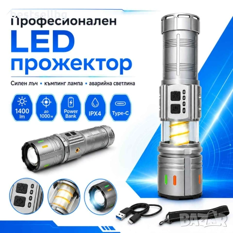 Мощен акумулаторен прожектор фенер YEMAO 1400 лумена 1000 м USB-C Power Bank къмпинг лампа и zoom