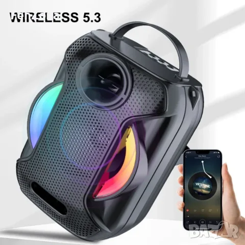 Преносима Bluetooth караоке колона ZQS-W4110 с 2 безжични микрофона, RGB светлини, FM радио, USB, TF, снимка 4 - Тонколони - 55522319