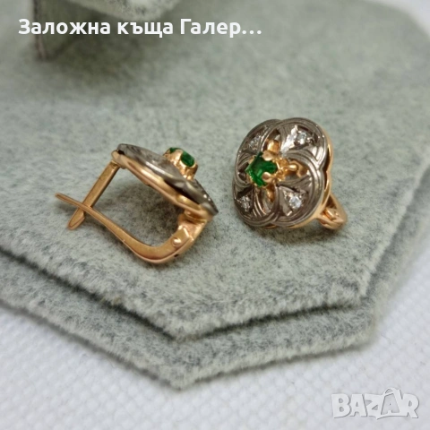 Златни обеци с фианити – съветско злато, проба 585, 5,95г, снимка 5 - Обеци - 54216036