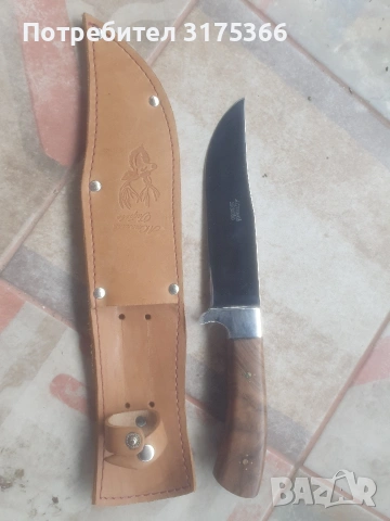 Ловен нож Андрей Стоянов Габрово дръжка орех кания естествена кожа 