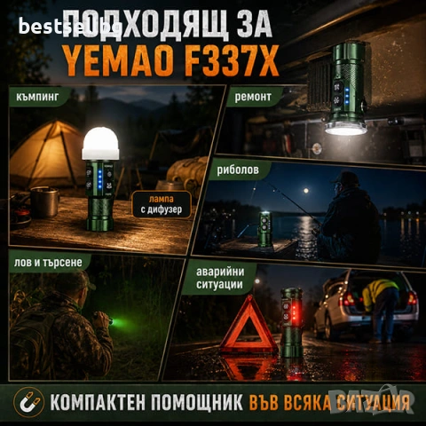 Мощен ръчен LED прожектор фенер YEMAO 3000 лумена UV червена зелена синя светлина USB-C магнит, снимка 3 - Къмпинг осветление - 54109920