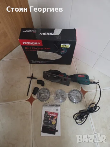 мини циркуляр HYCHIKA (модел M1Y-AC1802-115) с мощност 750W. Уредът работи при 3500 оборота 