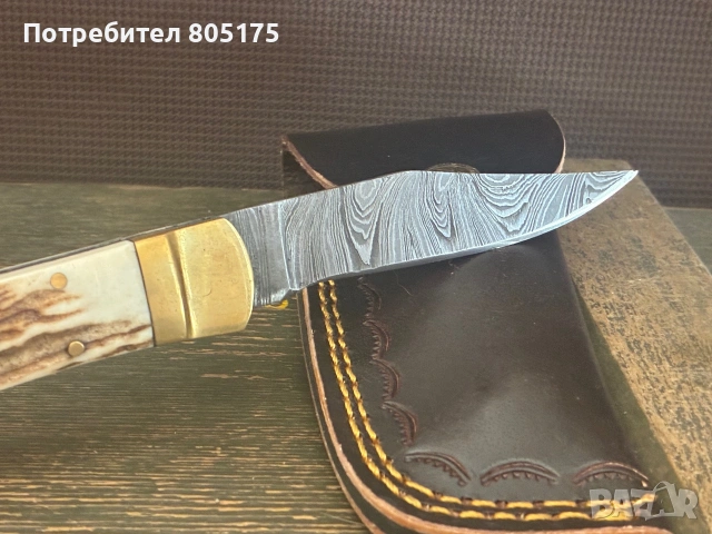 Автоматичен ловен нож. Еленов рог дамаска стомана, снимка 6 - Ножове - 55243509