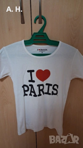 Бяла памучна тениска с надпис- I love Paris