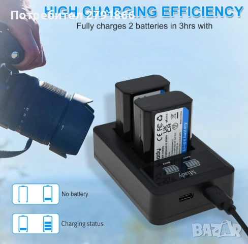 Miady Комплект 2 резервни батерии и зарядно устройство за Sony NP-FW50 батерии за фотоапарати Sony, снимка 3 - Батерии, зарядни - 54165804