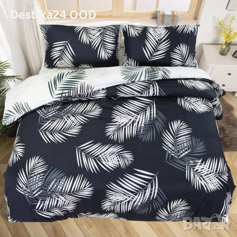 Мек и приятен спален комплект 180x220 черен с бели листа 4 части