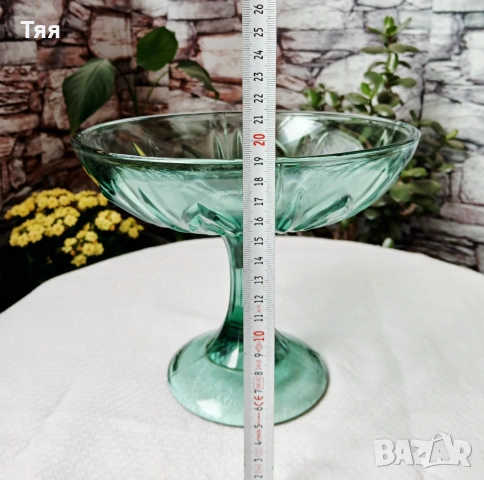 Зелена стъклена фруктиера , снимка 4 - Антикварни и старинни предмети - 54088124