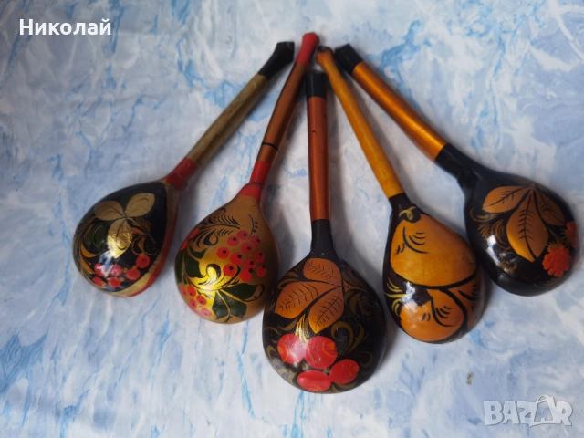 Стари Съветски Руски Дървени Лъжици Хохлома, снимка 5 - Антикварни и старинни предмети - 54597366