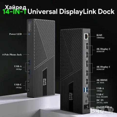Докинг станция Minthouz DisplayLink за 3x4K/60HZ монитора 160W, 14 в 1, снимка 2 - Суичове - 55134202