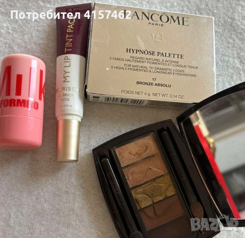 Палитра сенки за очи Lancome,руж Milk и lip tint цвят 04 brick rose,цена за всички е 30 евро.