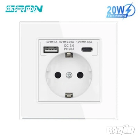 4621 Стилен Стъклен Контакт LUX, Бял – Двойно Бързо Зареждане 20W USB-A & Type-C, снимка 4 - Ключове, контакти, щепсели - 54597733