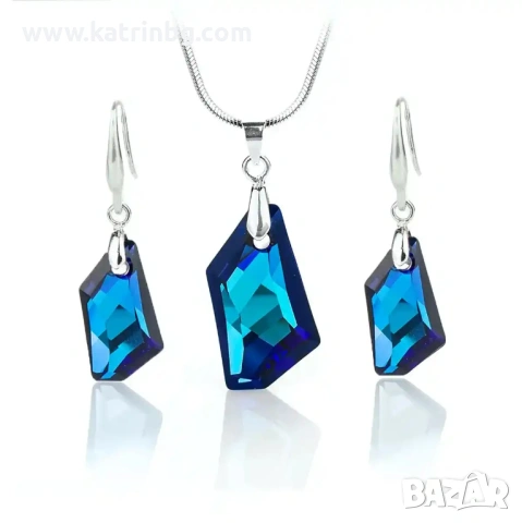 Комплект бижута Сваровски Bermuda Blue – колие и обеци De Art Crystal в син цвят