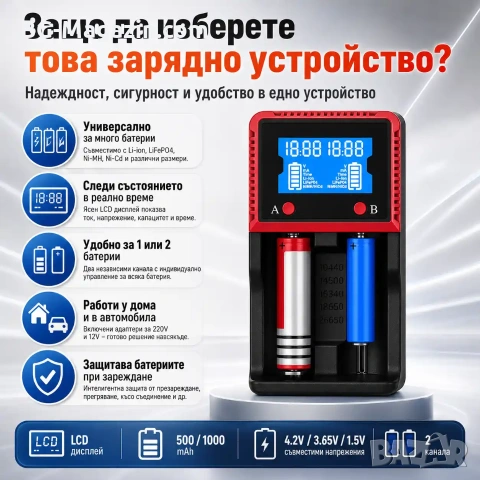 Универсално интелигентно зарядно устройство за батерии 18650 16340 26650 2 слота бързо зареждане, снимка 5 - Друга електроника - 51041549
