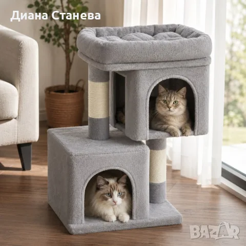 Голяма катерушка за котки 67 см с легло - 2 къщички, драскалки от сизал и 3 нива, снимка 2 - За котки - 55505171