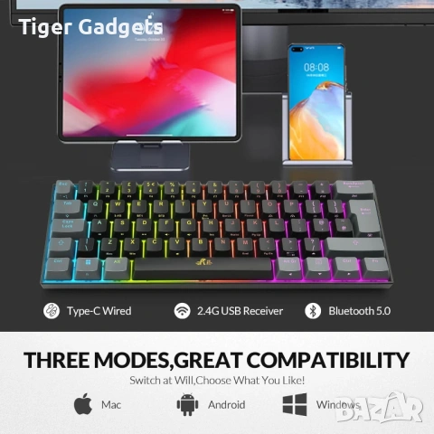 Rii RK802 Wireless Mechanical Keyboard – безжична механична gaming клавиатура с RGB и Red Switches, снимка 2 - Клавиатури и мишки - 54522530