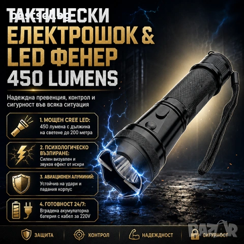 Професионален мощен електрошок кучегон LED фенер за самоотбрана охрана жени самозащита акумулаторен