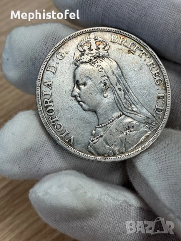 1 крона (Crown) 1891 г, Великобритания - сребърна монета, рядка , снимка 4 - Нумизматика и бонистика - 55000640