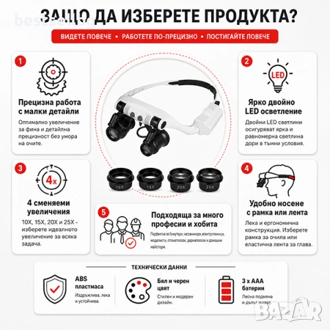 Златарска професионална увеличителна лупа очила лед осветление бижута, снимка 6 - Други инструменти - 29106251