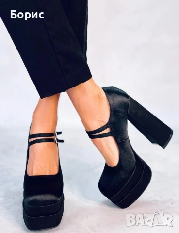 Черни сатенени обувки на платформа, снимка 3 - Дамски обувки на ток - 54031164