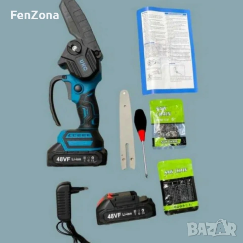 Акумулаторен трион за дърво и клони UKC 48V – 6″ верижна резачка с 2 батерии и 2 вериги, снимка 4 - Градинска техника - 54049563