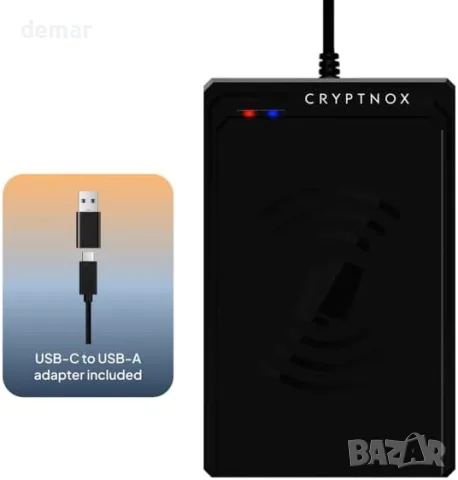 NFC безконтактен четец за смарт карти USB-C за FIDO2 и MIFARE, ISO 14443, USB-A адаптер