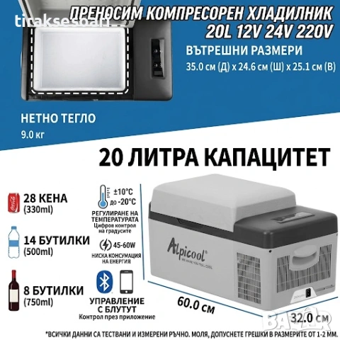 Преносими компресорни хладилници Alpicool C20 / C30 / C40 12V 24V 220V Bluetooth, снимка 2 - Аксесоари и консумативи - 54533654