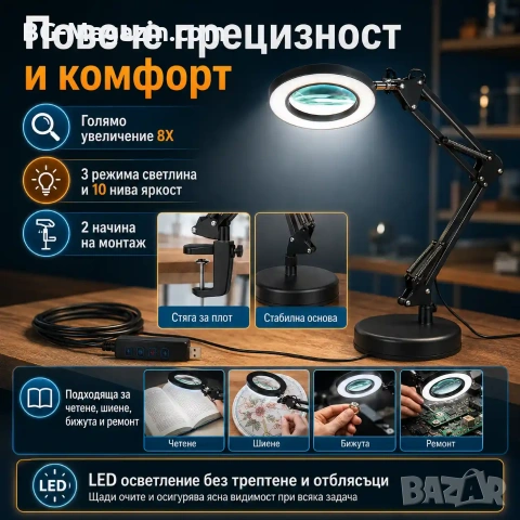 Професионална голяма настолна лупа с LED осветление четене за шиене гоблени стъклена бродиране лед, снимка 4 - Други инструменти - 50920958
