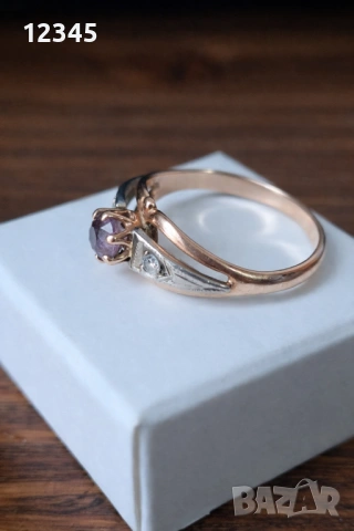Руски антикварен златен пръстен - аметист , брилянти, снимка 2 - Пръстени - 54125434