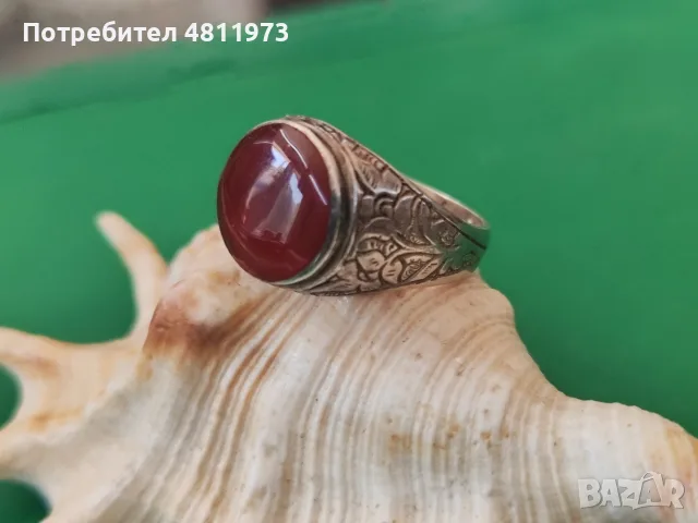 Стар сребърен пръстен с червен карнеол 925, снимка 2 - Пръстени - 55320801