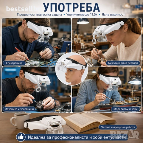 Увеличителна лупа за глава очила LED осветление четене бродиране шиене, снимка 3 - Други инструменти - 46856969