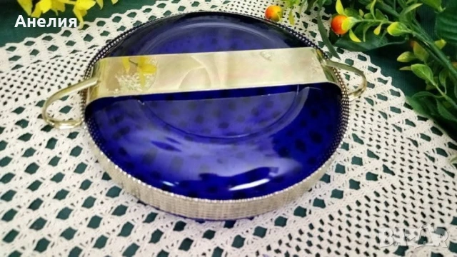 Купа цветно стъкло със златен обков , снимка 4 - Чинии - 54187357