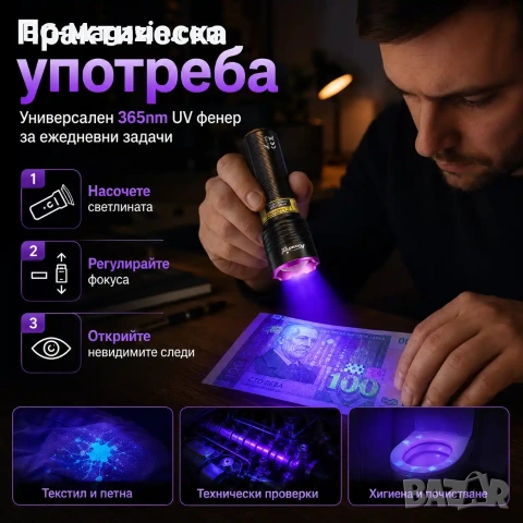 Професионален мощен ръчен ув фенер 365nm UV за камъни фалшиви пари печати акумулаторен USB zoom, снимка 4 - Други инструменти - 54340364