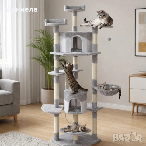 Драскалка дърво за котки XXL 203 см – 11 нива, къщички, легла, хамак и катерушка