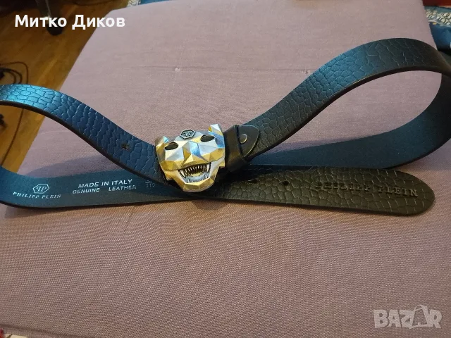 Колан естествена кожа 112 см на 38 мм с масивна метална тока Филипп Плейн като но нов, снимка 2 - Колани - 55307805